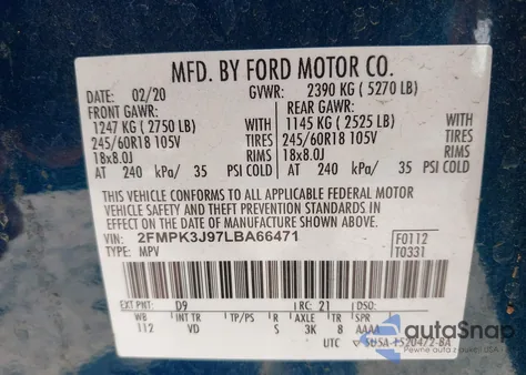 2020 Ford Edge Sel из США, поврежденный, VIN 2FMPK3J97LBA66471